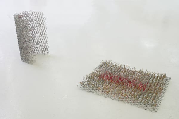 Dana Hemenway Untitled (cat-3-6 cables) , 2022 cat-3, cat-5 & cat-6 cables, metal grate, metal structure, hook-up wire (2 parts) 27 x 48 x 96 in 68.6 x 121.9 x 243.8 cm