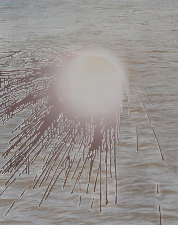 A central white orb with brown rays pointing towards the bottom left corner of the canvas and dripping paint is layered over a rippled water background rendered in shades of brown and gray.
