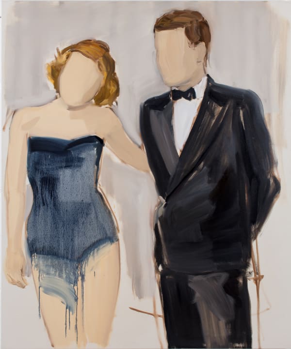 Faceless woman wearing blue undergarment pats the back of faceless man to her left wearing a tuxedo.