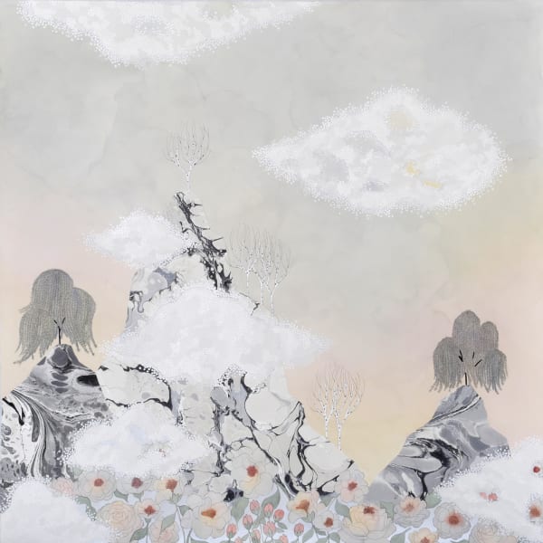 Mixed media landscape with silver metallic pointillism floating clouds that obscure the view of some large black and white marbled mountain tops Several bare birches and flowing willow trees are visible at the mountain tops while multiple blush peonies bloom at the bottom of the piece