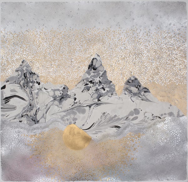 Mixed media landscape with floating black and white marbled mountains. Below the mountain range a gold moon is peeking out underneath and illuminating the lake of silver pointillism fog with yellow and pink hues