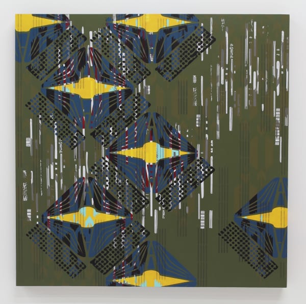Dark multi-colored intricate geometric patterns referencing indigenous textile motifs overlap across the surface of an olive green painted panel