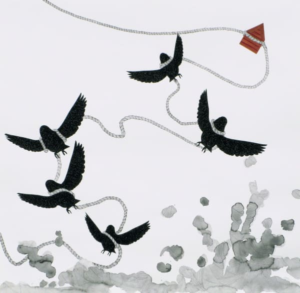 Mixed media piece five black silhouettes of birds struggling to fly away. The birds are tangled amongst a single light gray braided rope and are flying above splashes of gray which allude to water. At the beginning of the rope a small red brown pentagon is also tangled