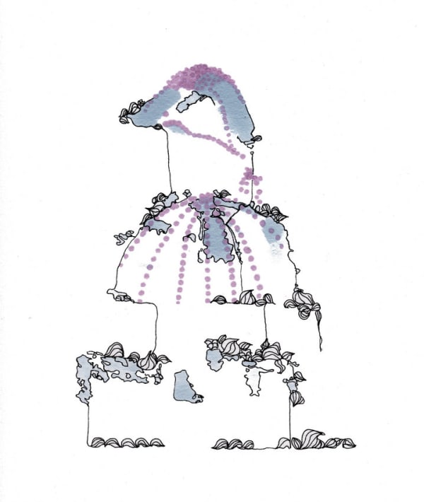 Ink and marker create a black blue purple and white illustration of a large cake with several tiers. Blue and purple marker details along with thin black ink lines create messy frosting patterns along the top and sides of the cake