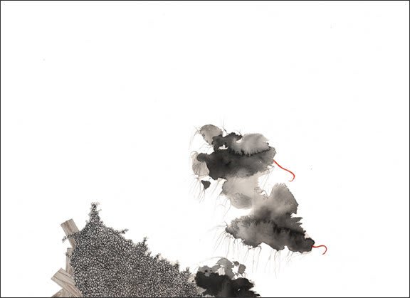 Mixed media piece of a black and white cloudlike form floating above a mix of intricate black and white plant life and wooden plants. Two red wavy lines come out of the right side of the cloud