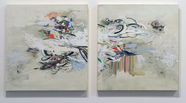 Abstract diptych mixed media piece of a large multicolored layered mass of various thin and thick lines, swirls, geometric patterns, paint splotches, watercolor washes and patterns reminiscent of scientific molecular diagrams. The layered form is located at the center of the diptych surrounded by a light green beige negative space