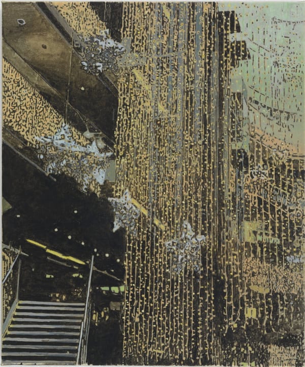 From the atrium of a commercial building, stairs and balconies wrap around the canvas. Strings of dense gold lights and silver stars hang down from the ceiling.