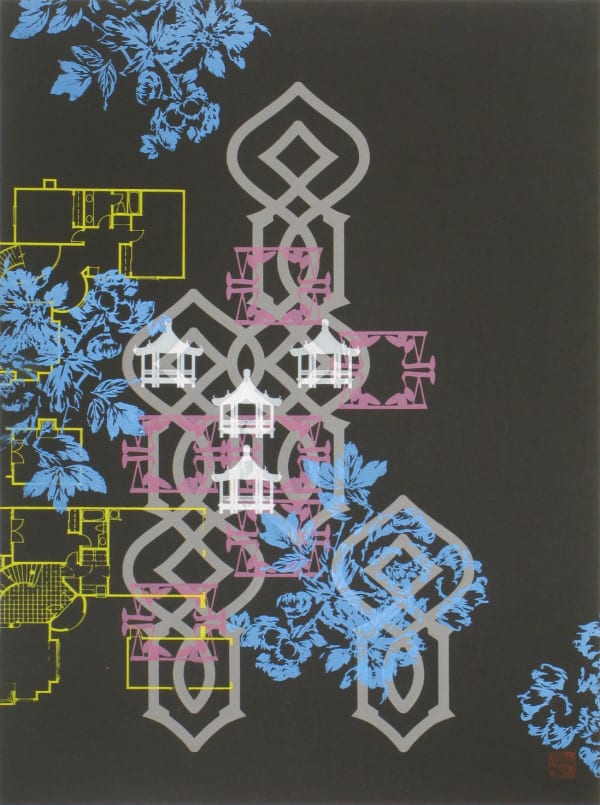 Several silkscreen layers of multi-colored acrylic paint overlap to display several patterns on black paper The patterns depict vegetal designs and elements from the artist’s own Asian American upbringing in the primarily white suburb of Orange County California