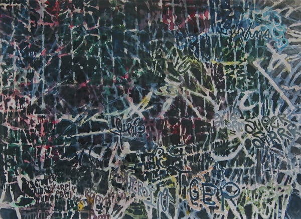 White lines create a grid against a dark black background with hints of blue and white. Over the grid, words are written in a graffiti style.