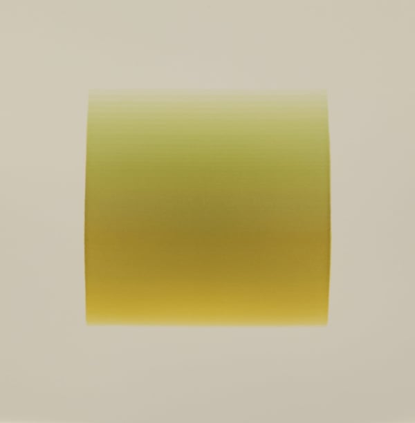 Thin horizontal lines are painted in gradient hues from light yellow to dark yellow to chartreuse, creating a square color field. The gradient effect is created from the overlapping of the horizontal lines.