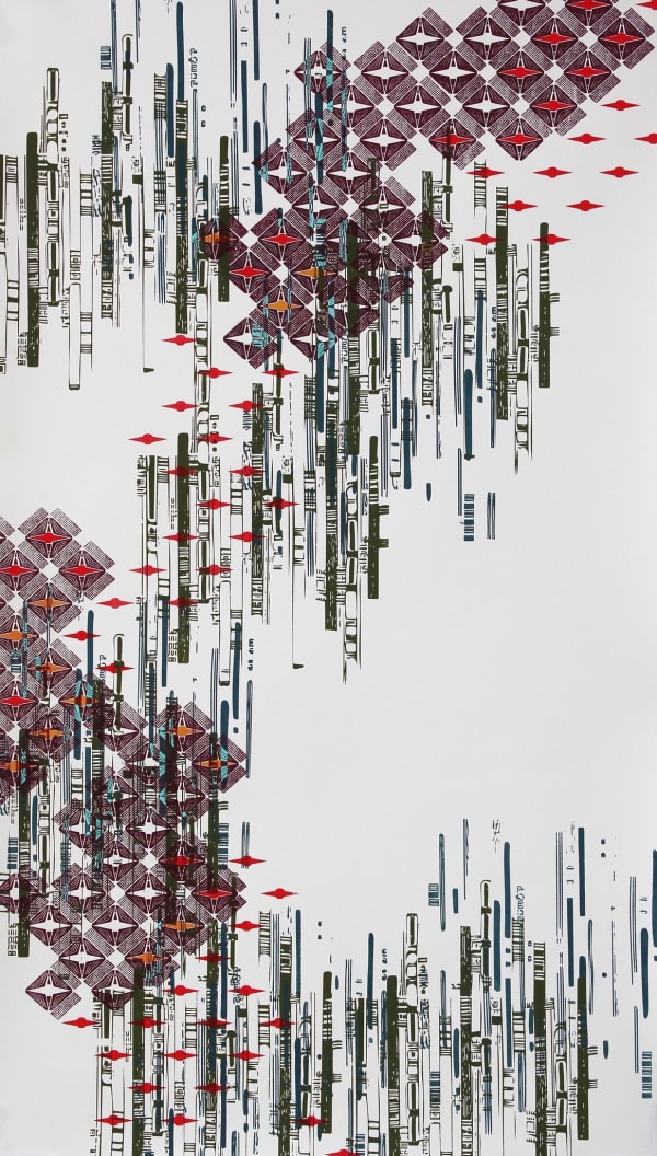 Multi-colored intricate geometric patterns referencing indigenous cultures overlap and cascade down the length of a white piece of paper