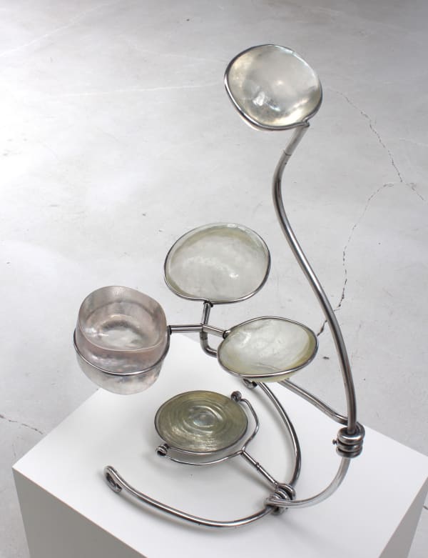 Winding aluminum tube sculpture which holds five different resin lenses. Each lens is created from the cast of the artist’s shaved head and butt and are protruding out at different heights