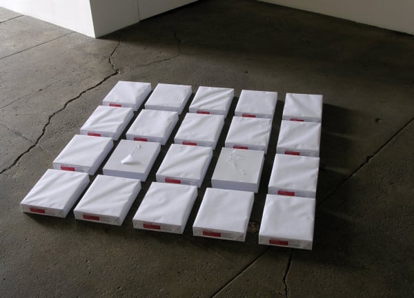 Marco Maggi Sleeper, 2009 2 cuts on paper, 20 packages reams of xerox paper 2 x 52 x 51 inches 5.1 x 132.1 x 129.5 cms