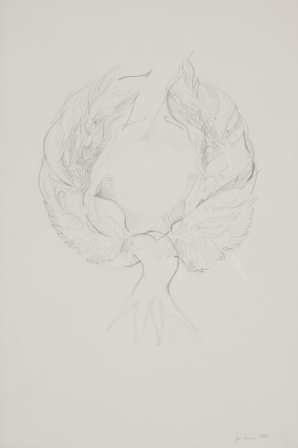 A pencil drawing on white paper of a bird with wings outstretched backwards, forming a wreath.