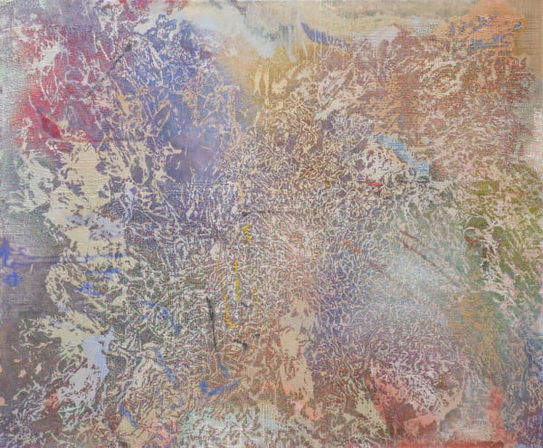 A colorful acrylic painting on jute fabric.