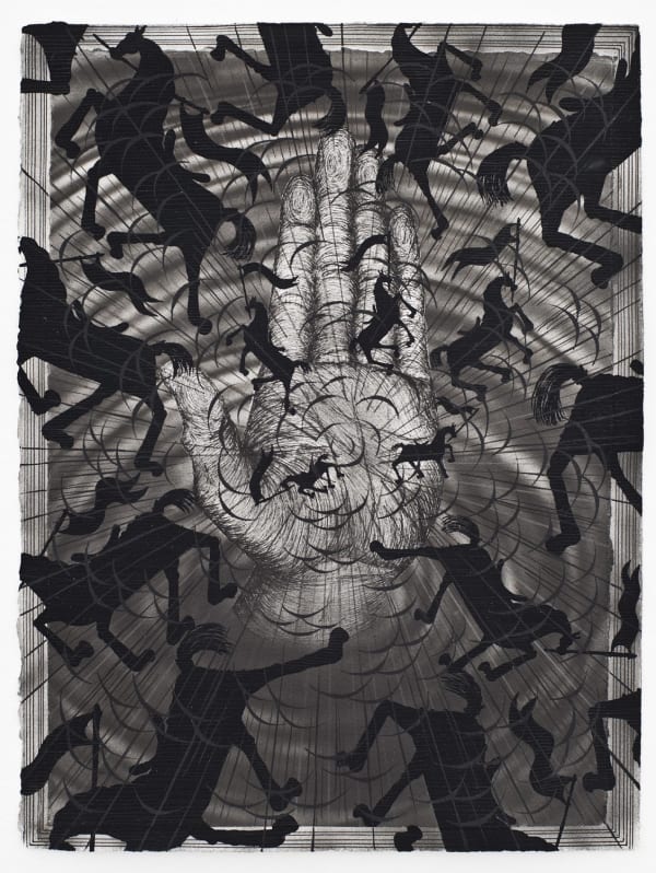 Emanating from an eye in the center of an open palm in the center of the canvas are black horses and black and white curved lines.