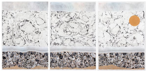 Mixed media landscape triptych of a black and white tall marbled wall separated from a black and white marbled stone wall by a series of wavy gray lines A small gold metallic moon floats in front of the marbled wall towards the upper right corner