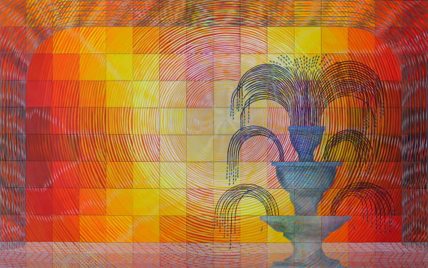 A fountain spouting water on the right side of the canvas, in front of gridded background with yellow, purple, orange and red concentric circles.