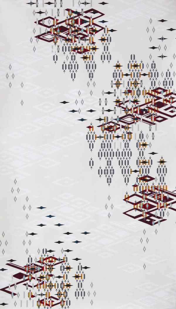 Black and warm toned colors create intricate diamond patterns referencing various indigenous textile patterns overlap and cascade down the length of a light gray piece of paper