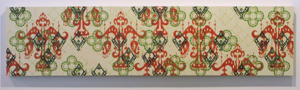 Multi-colored patterns overlap on a beige painted panel The patterns, arranged in a combination of argyle and Indonesian ikat patterning, reference various vegetal and asian patterns with icons of luxury brands and other symbols of wealth