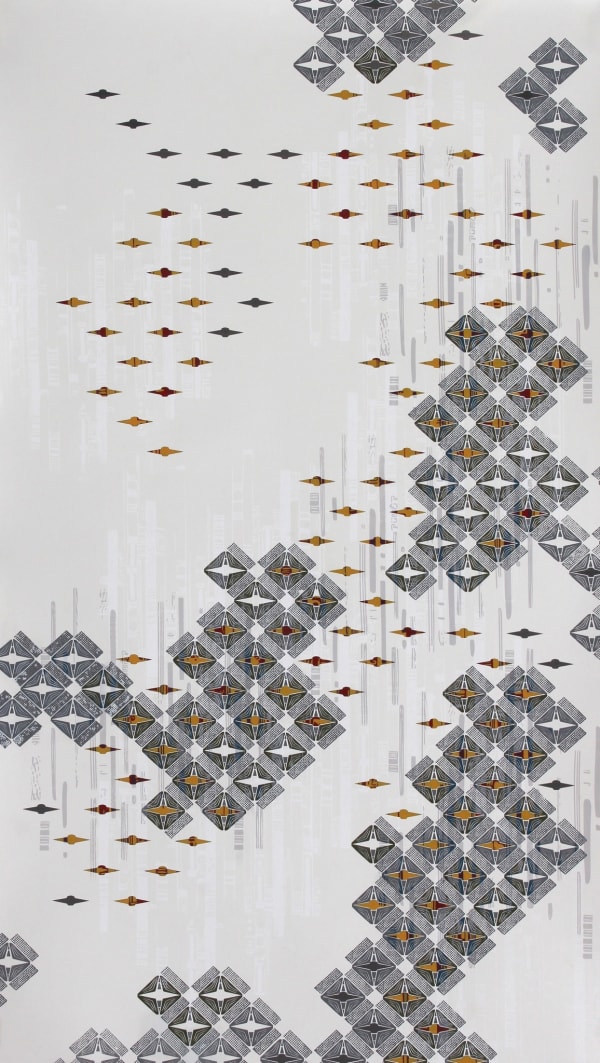 Multi-colored intricate geometric patterns referencing textile patterns of indigenous cultures overlap and cascade down the length of a light gray piece of paper