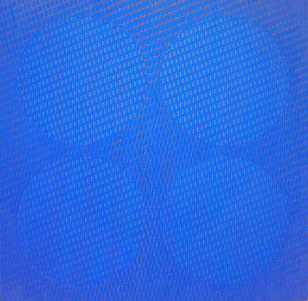 Heavily layered and textured blue paints on canvas create an intricate woven pattern inspired by a typical dress worn by Barbara Bush The pattern consists of a royal blue background with four large slightly lighter blue circles at the center of the piece