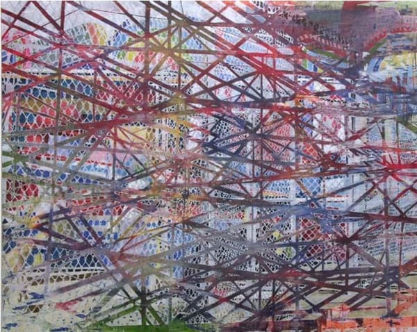 A scalloped multicolored background creates a background beneath thick dark lines that move diagonally across the canvas, interweaving with each other.