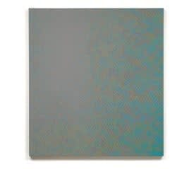 Faded painting with multi-hued green asterisk shaped forms morphing and moving in waves against each other which then fade into a dark gray as they approach the left side of the piece