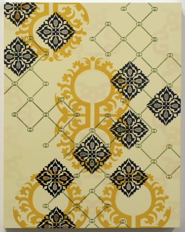 Several layers of multi-colored acrylic paint overlap to display multiple patterns against a light yellow painted panel The symbols depict vegetal and central asian suzani motifs with luxury brand icons