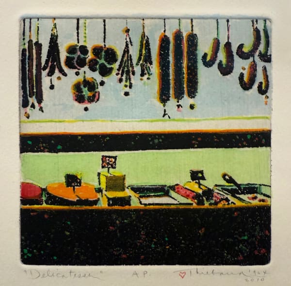 Wayne Thiebaud (1920-2021)Delicatessen, 1964/2010 watercolor over sugar-lift etching on paper image 4 7/8 x 4 7/8 in/12.4 x 12.4 cm sheet 14 7/8 x 11 in/37.8 x 27.9 cm