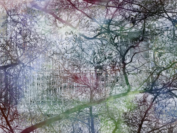 White geometric structure is mostly obscured by dark multicolored branches criss-crossing the canvas.