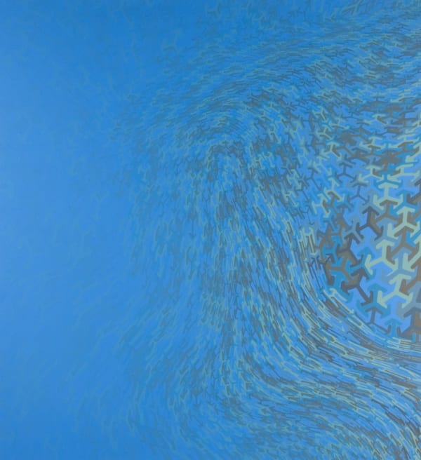 Bright painting with multi-hued green and blue asterisk shaped forms morphing and moving in waves against each other which fade to blue as they approach the left side of the piece
