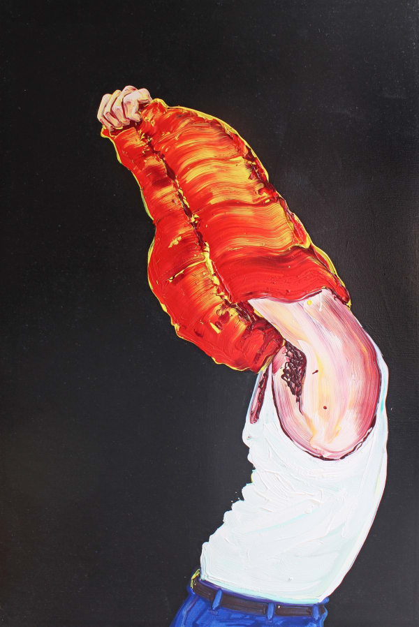 Man pulls orange sweatshirt over his head, revealing white tank top, dark underarm hair and blue jeans.