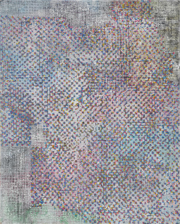 Front view of a multicolored, brightly colored abstract painting.