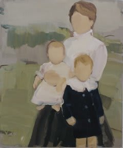 A faceless mother poses with her two young faceless children, a baby girl and a toddler boy, in front of a green nature background.
