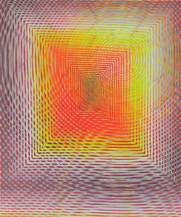 Nesting rectangles in orange, yellow and gray emanating from center of canvas layered with nesting circles in white offset from center of canvas.