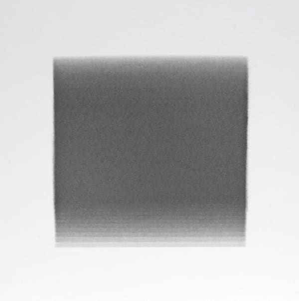 Thin horizontal lines are painted in gradient hues from light gray to dark gray and back to light gray again, creating a square color field. The gradient effect is created from the overlapping of the horizontal lines.
