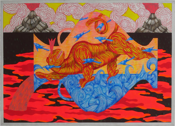 Mountain tops emerge among red and white scalloped clouds with yellow background. Sideways vessel pours red liquid into existing pools of red substance against black background. Vessel is decorated with red and yellow beast and blue birds flying over ocean waves.