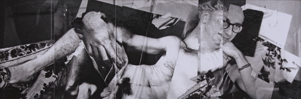 Black and white polaroid montage of figure in a reclining nude position. Figure is composed of many different body parts, including an artist’s self portrait for the head.