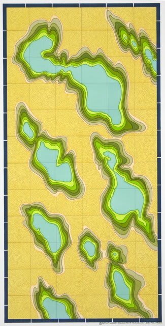 Several multi-hued green curvy shapes with a central light blue shape allude to topographic imaging of lakes The shapes are presented against a sandy yellow background and a faint grid can be seen through the ink