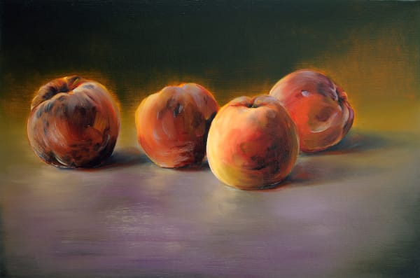 Against glowing yellow background, four ripe orange peaches cast shadows on the purple surface they rest on.