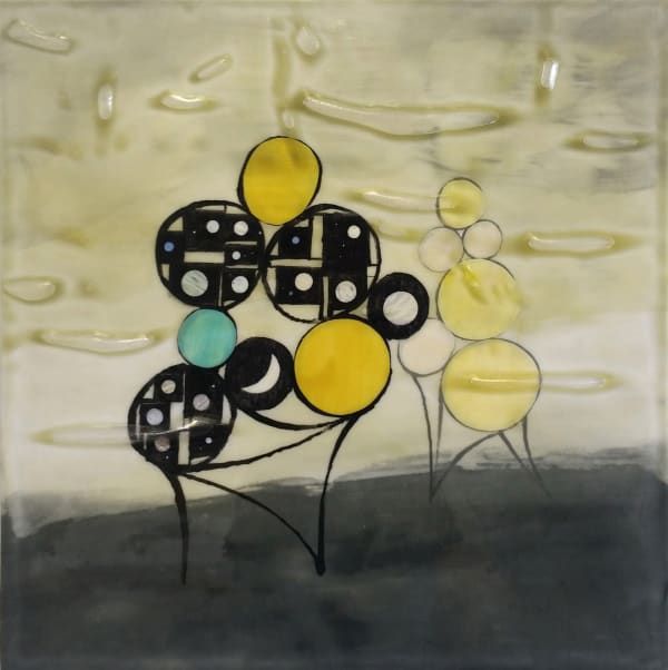 Multi-colored mixed media piece depicting two geometric figures made out of interspersed cut out astronomical black ballpoint pen drawings, found plastics, multi-colored painted shapes, and black lines. Three thick horizontal lines of dark gray off white and a pale green create a simple background. The entire piece is covered in a textured bio-resin