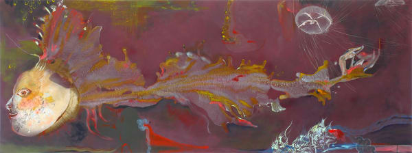 Rina Banerjee, Unseasonably Submerged, under the reddest algae and her magnetic electrification a super unnatural being beneath yearned lingered waiting for rebirth on earth, 2024