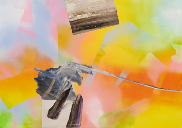 Textured brown brushstrokes are superimposed over cloudy pastel background.
