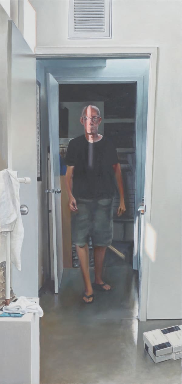Tim Hawkinson Me in a Ray of Light, 2023 oil on panel 13 x 6 1/4 in 33 x 15.9 cm