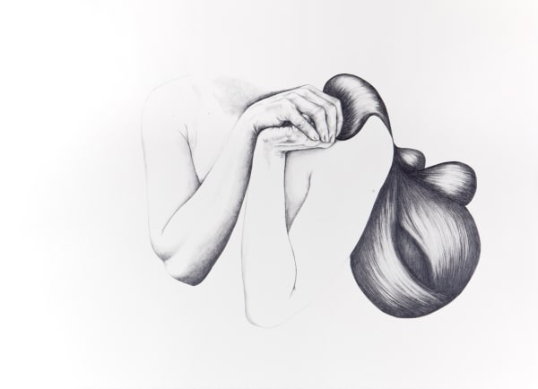 Pencil drawing of arms holding a sack slung over the left shoulder. Sack seems to be made of long, hairy material. Sack has a large slit that reveals dark interior.