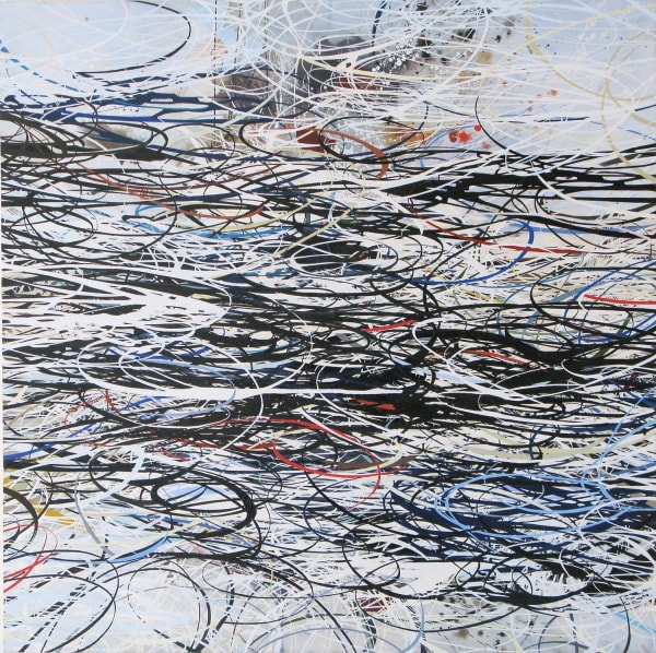 Abstract mixed media piece of a multicolored mass of various layered and interconnecting swirls loops and paint splotches taking up the near entirety of the piece
