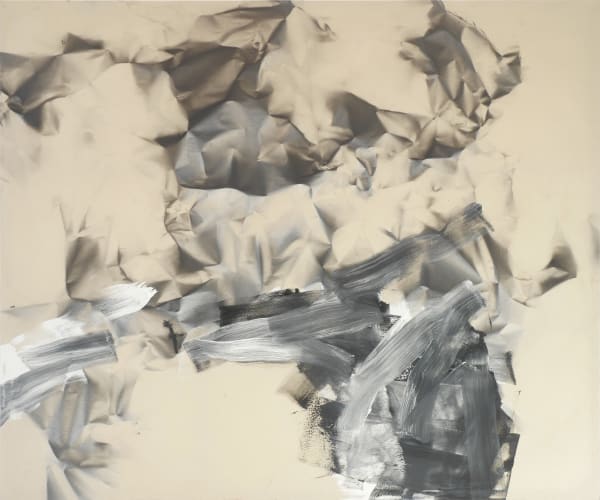 On the lower half of the canvas wide painterly brush strokes containing white and grey colors layer over an abstract smoky graphite-colored form that expands across the canvas and mimics the texture of crumpled paper the canvases unpainted cream color of the canvas is exposed underneath the painted forms.