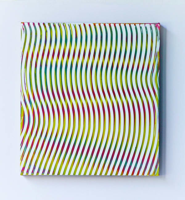 Dark and light green with red and white paint layered to create multiple wavy moiré effects