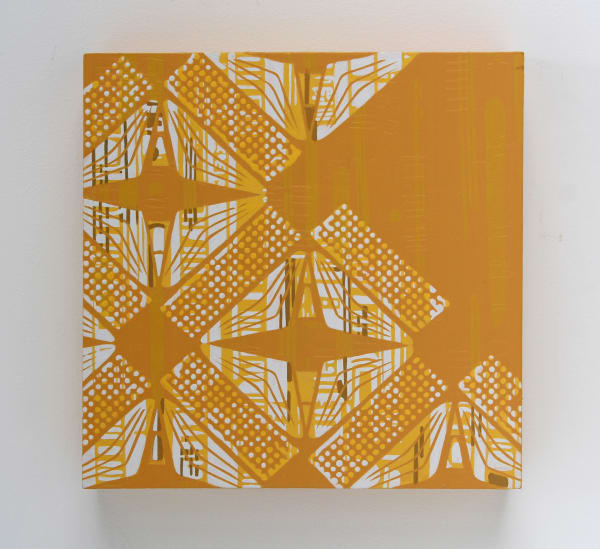 Multiple hues of browns and yellows create various layered geometric patterns on a small square panel